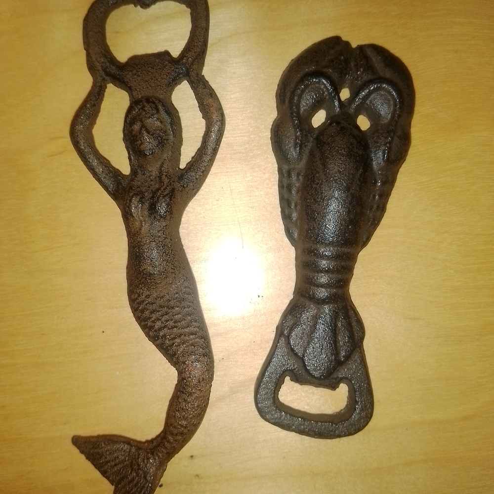 2 Cast Iron Rustic Mermaid and Lobster Bottle Openers